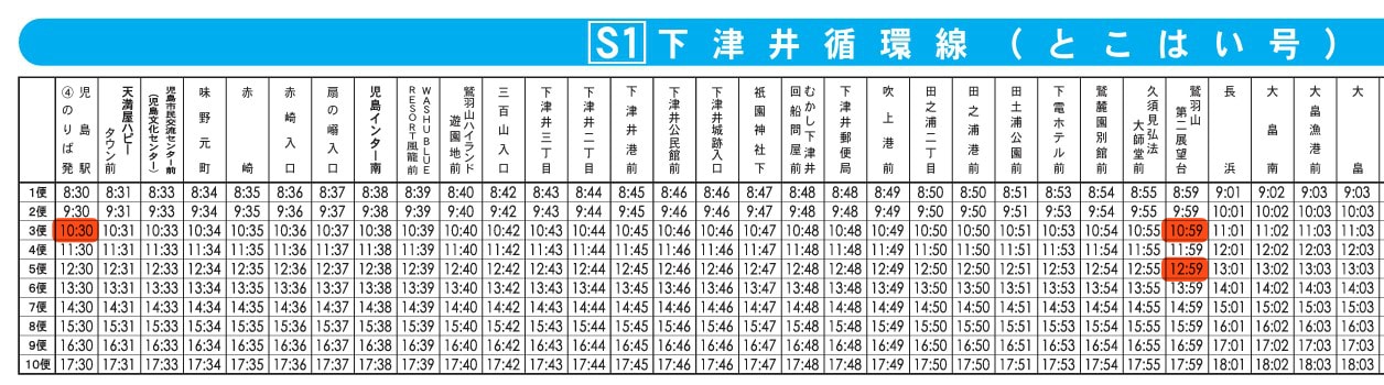 とこはい号巴士時刻表